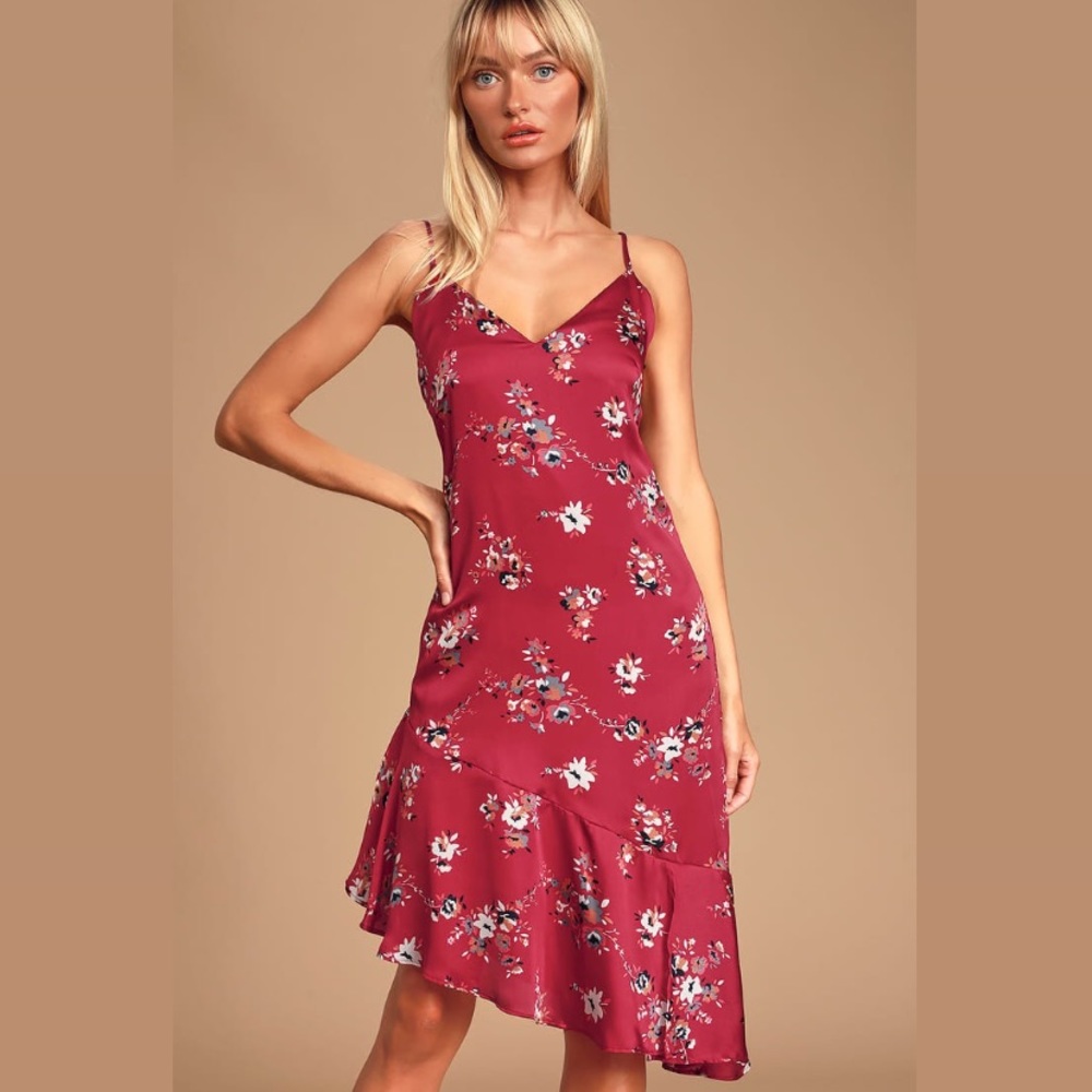 Lulu’s Satin Floral Ruffle MIDI Slip Dress